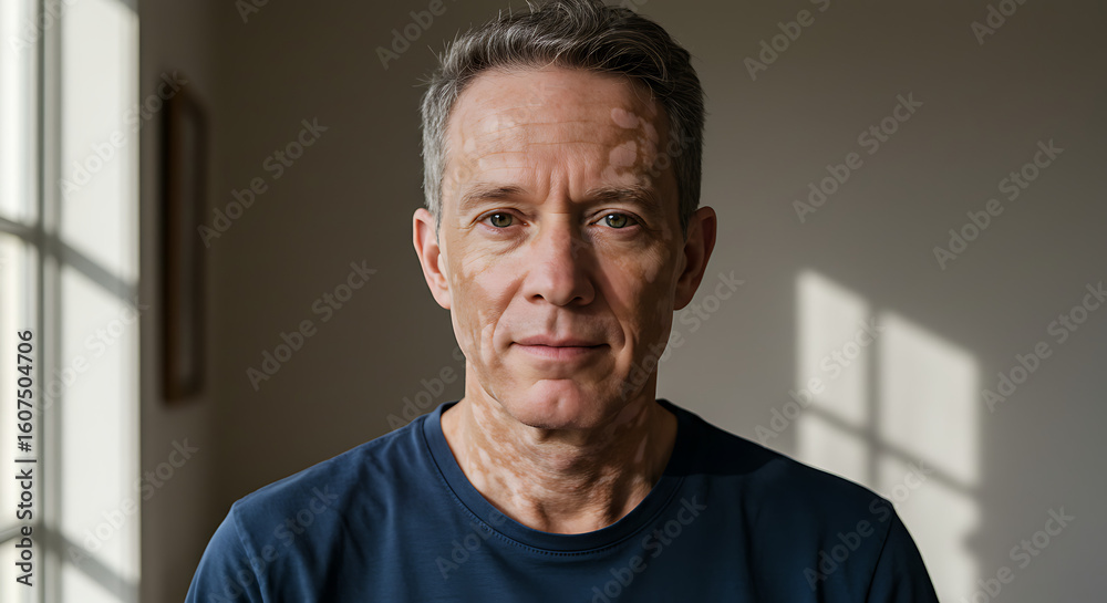Fototapeta premium A portrait of a middle-aged man with vitiligo, looking directly at the camera with pride and self-assurance.