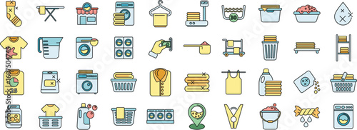 Laundry icons depict various aspects of clothing care, from washing and drying to ironing and folding