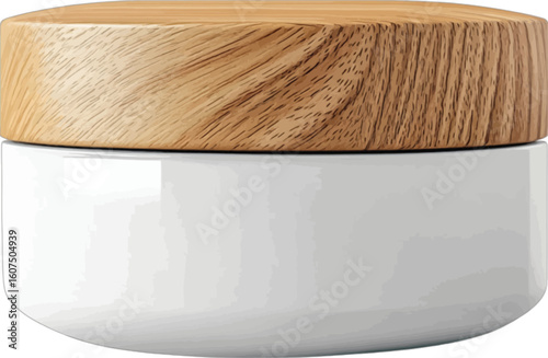 White ceramic jar with natural wood lid cosmetic cream
