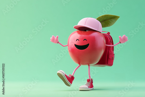 Apple in a cap with a school backpack. Concept: back to school.