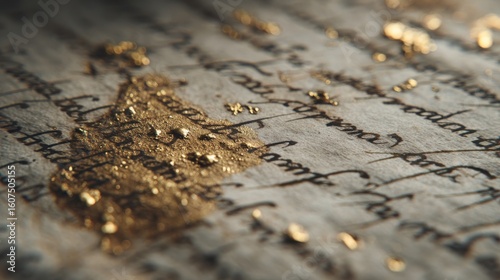 Close-up of a hand-illuminated parchment page featuring dark iron-gall ink script and delicate gold leaf initials, with faint ruling lines.