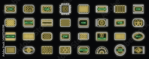 Glowing neon doormats with home and welcome signs on black background