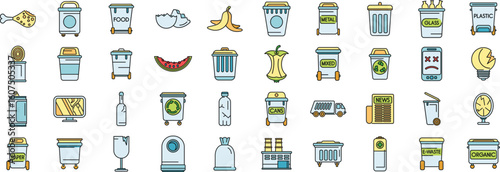 Various colorful icons representing different types of garbage, waste sorting, and recycling process promoting environmental awareness