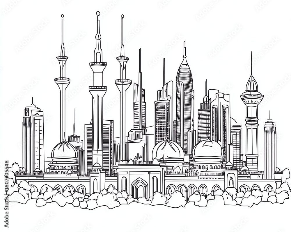 Naklejka premium Outline drawing of a city skyline with mosques and modern skyscrapers