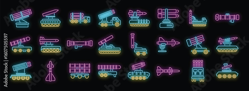 Bright neon icons representing various rocket launchers and missile systems, glowing against a dark backdrop