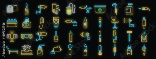 Neon signs representing various tools and equipment used by tattoo artists, highlighting the artistry and precision of body art