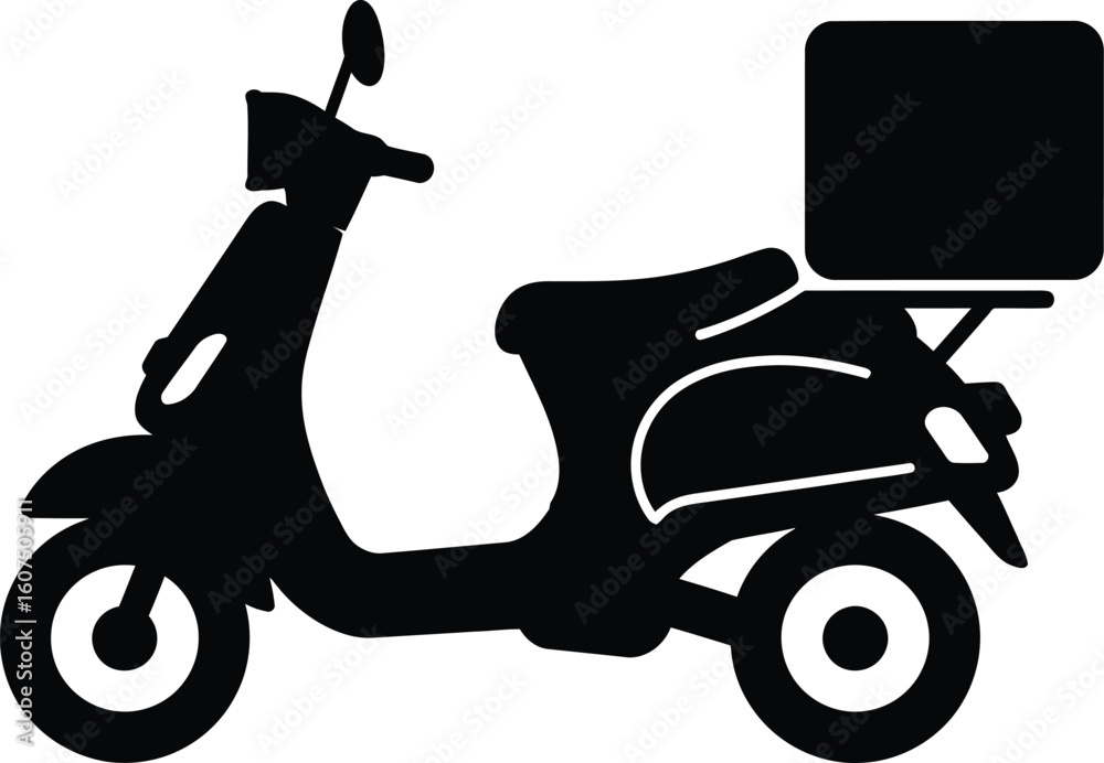 Fototapeta premium A bold, filled black silhouette of a delivery moped or scooter in side view, featuring two solid wheels, a seat, handlebar, and a delivery box mounted on the rear