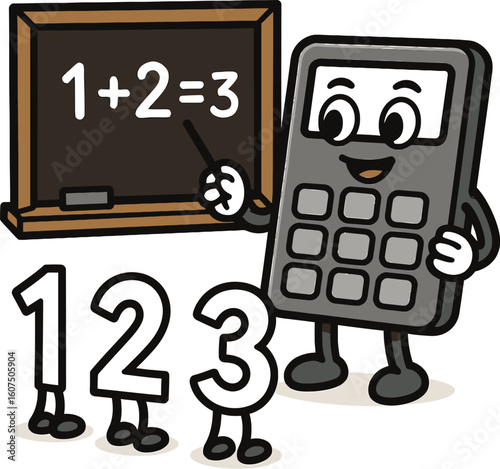 Friendly cartoon calculator teaching math on a blackboard to animated numbers 1, 2, and 3. Ideal for educational themes, learning, or mathematics concepts.