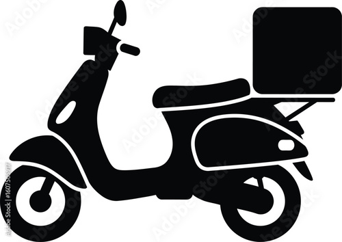 A bold, filled black silhouette of a delivery moped or scooter in side view, featuring two solid wheels, a seat, handlebar, and a delivery box mounted on the rear 