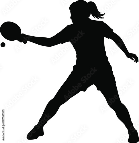 PrinA female table tenis ball player silhouette, using flat solid black color design, vector illustration design on a white background 