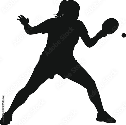 PrinA female table tenis ball player silhouette, using flat solid black color design, vector illustration design on a white background 
