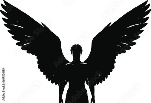 male angel silhouette with bold wings on a white background.  