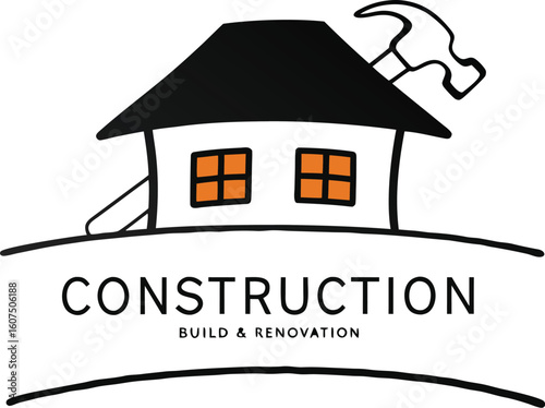 Construction Logo: A simple illustration of a house with a hammer above and the word construction and build & renovation in the text beneath.