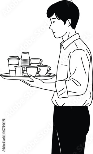 Office boy bringing tray, black outline and solid white background 