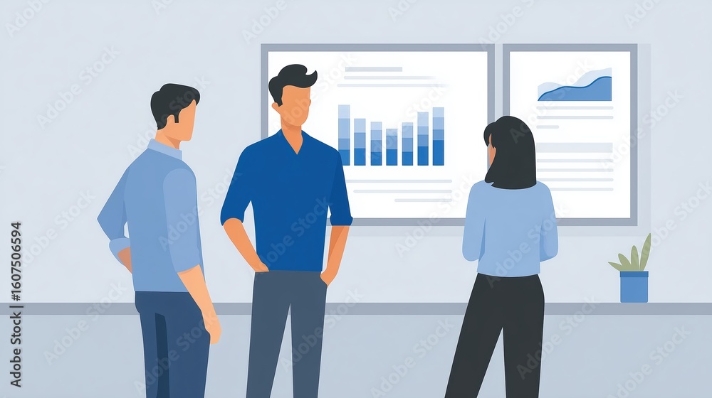 Obraz premium Three professionals engaged in a business meeting, discussing data analysis, with charts and graphs displayed on the wall, showcasing teamwork and collaboration in a modern office environment