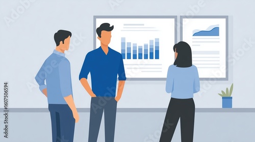 Three professionals engaged in a business meeting, discussing data analysis, with charts and graphs displayed on the wall, showcasing teamwork and collaboration in a modern office environment