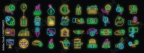 Glowing neon icons illustrating various aspects of economic trends, including inflation, deflation, market volatility, and financial instability