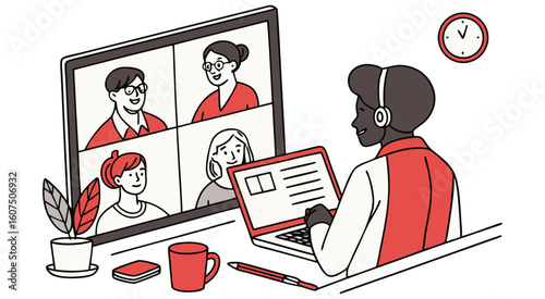 People in video call on computer screen and laptop