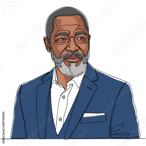 Portrait of an adult African American man with gray beard in a suit looking away. Minimalist continuous line art. Vector illustration for profile, avatar, business.
