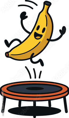 Excited cartoon banana character happily jumping on a trampoline. Perfect for themes of fun, energy, fitness, or healthy living.
