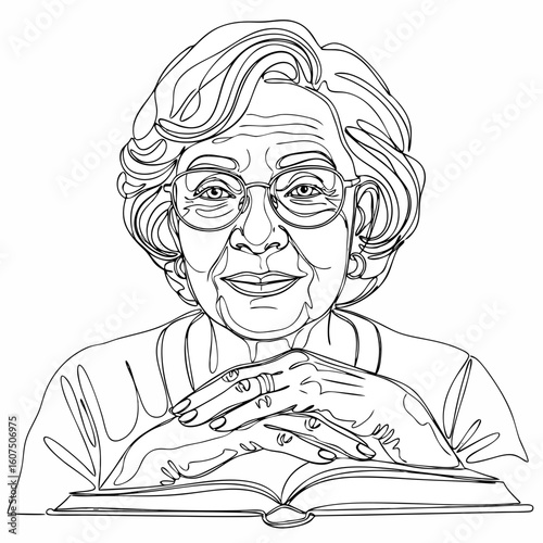 Wallpaper Mural Continuous line drawing of a senior woman with glasses, hands resting on an open book, concept of education and knowledge. Vector illustration for learning. Torontodigital.ca