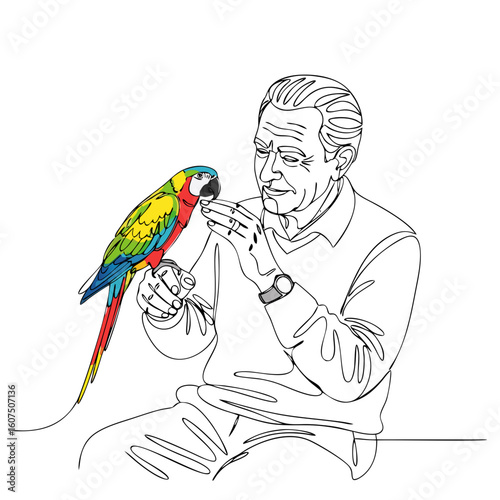 Elderly man plays with his parrot, concept of animal companionship and pet care. Vector illustration for greeting card, design