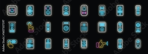 Glowing neon intercom icons illustrate various devices for building security, access control, and communication
