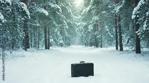 Vintage Suitcase Abandoned in Snowy Winter Forest Scenery with Pine Trees