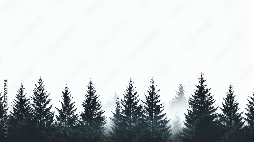 Obraz premium Silhouette of coniferous trees against a stark white sky, creating a forest edge