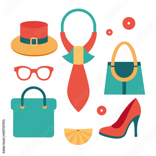 Fashion Essentials: A curated collection of fashionable accessories, including a chic hat, stylish sunglasses, an elegant necklace, a modern handbag, and a sophisticated pump