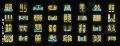 Bright neon icons showcasing diverse home theater setups, featuring speakers, subwoofers, and audio components