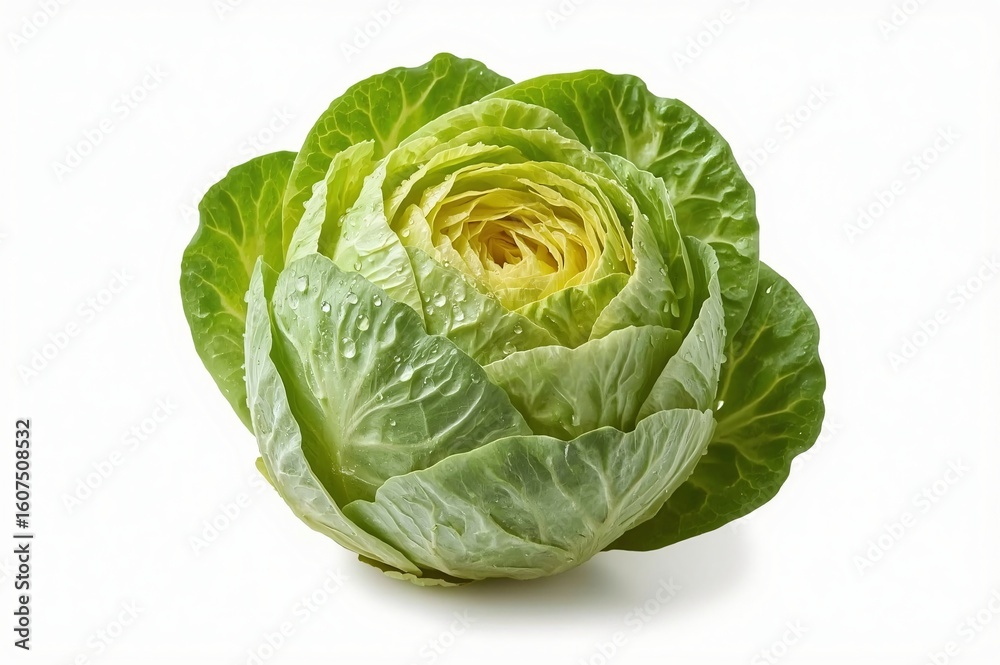 Fototapeta premium Fresh green cabbage, studio shot, white background, water droplets, healthy food