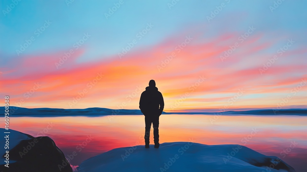 Obraz premium Silhouetted figure gazes at a serene arctic sunrise Soft pastel colors