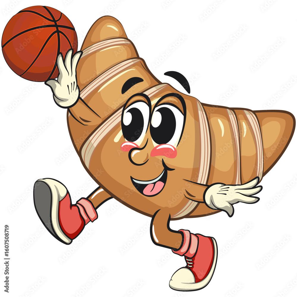 Naklejka premium funny croissant mascot character jump and fly shooting the basketball in sneakers, cute bakery bread cartoon vector isolated illustration, work of hand drawn