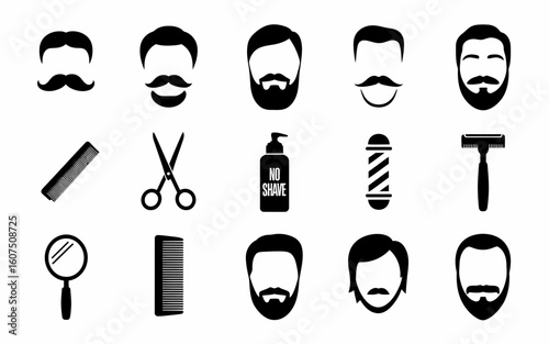 Collection of barber shop icons and men s hairstyles silhouette isolated on white background
