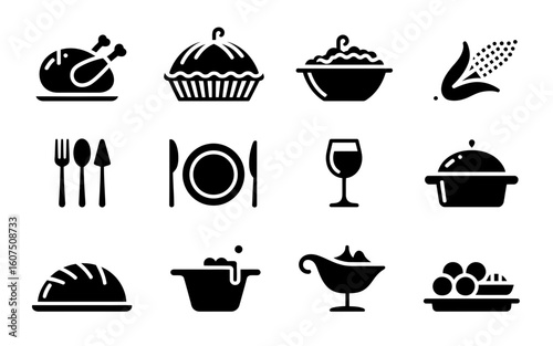 Collection of twelve thanksgiving food and dining icons silhouette isolated on white background