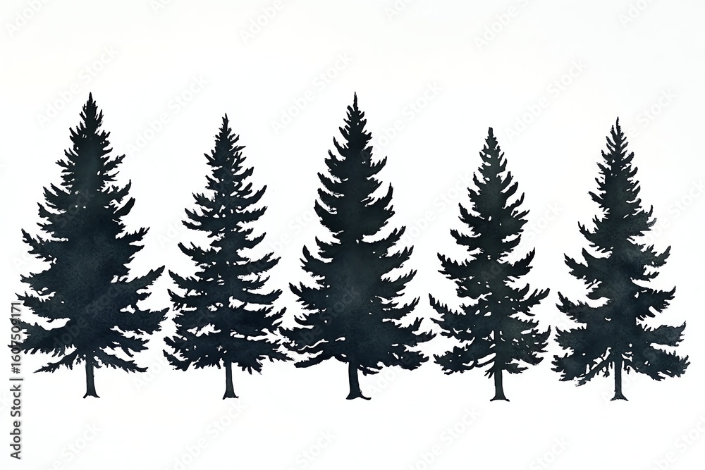Obraz premium Silhouettes of five evergreen trees 1