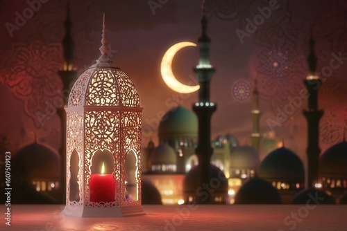 An illuminated ramadan lantern with a crescent moon and mosque silhouettes in the background