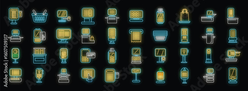Glowing neon icons representing various point of sale - pos - terminals, cash registers, barcode scanners, shopping baskets, and other retail equipment create a vibrant night scene