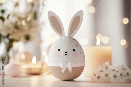 A charming easter bunny egg decoration surrounded by flowers and candlelight