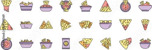 Collection of nacho chips with cheese or salsa dip in bowls and packages, ideal for menus or food blogs
