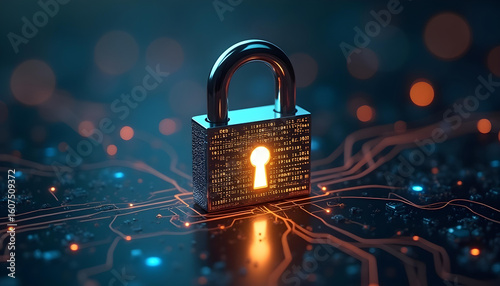 Metallic padlock digital security concept technology