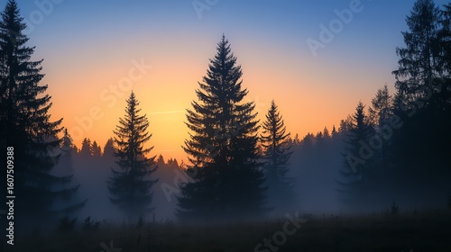 Silhouettes of pine trees at sunrise