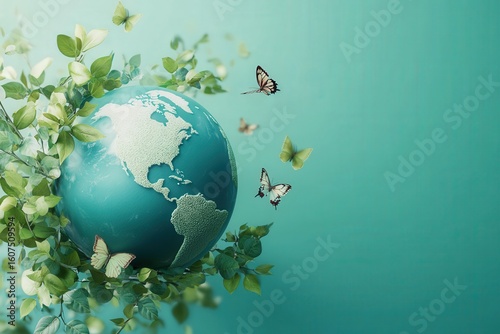 A vibrant globe surrounded by butterflies and lush greenery representing environmental conservation