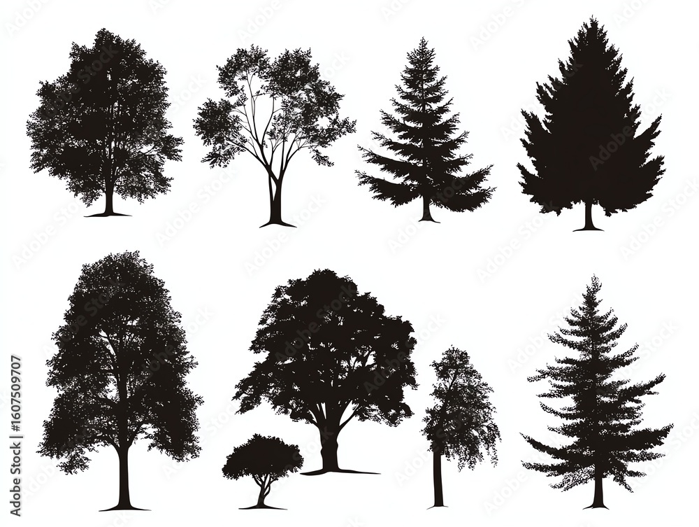 Fototapeta premium Silhouettes of various trees against a white background