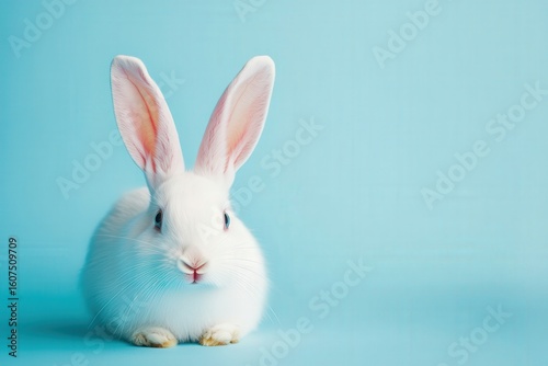 A fluffy white bunny with long ears sitting pretty on a pastel blue background