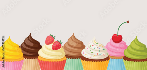 Assortment of colorful cupcakes with frosting and toppings on a light background