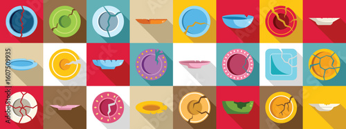 Broken plates icons set. Colorful collection of broken crockery illustrating various states of damage, from cracked plates to shattered pieces
