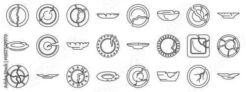 Broken plates icons set. Set of broken dishes and plates with various crack patterns, representing concepts of damage, fragility, and imperfection