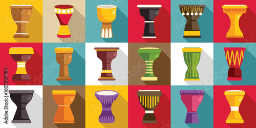 Darbuka icons set. Vibrant collection of african drums showcasing rich musical heritage and cultural diversity